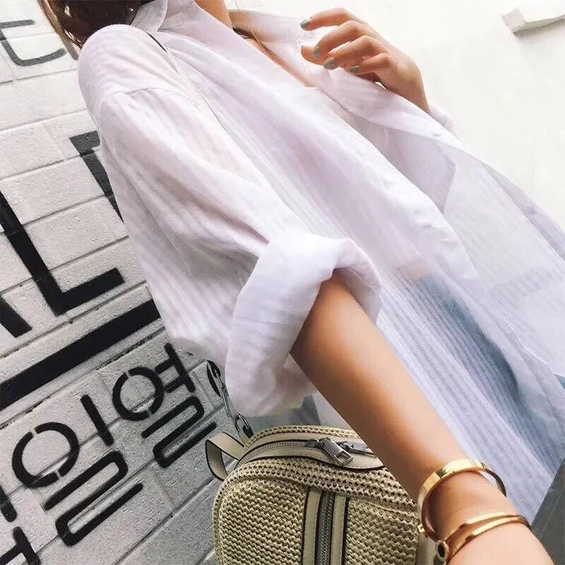 Long Shirts Women White Turn Down Collar Loose Pure Summer Long Sleeve Korean Fashion Students Breathanle Thin Minimalist Chic