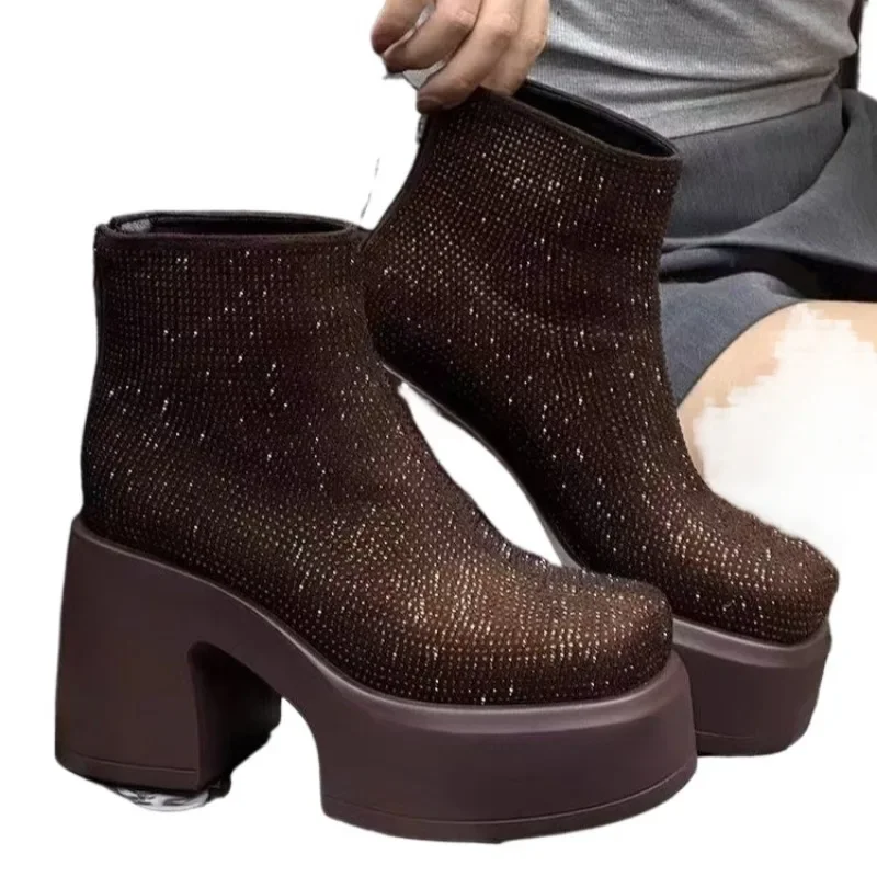 أحذية أنيقة الإناث 2024 الساخن الكاحل الأحذية النسائية منصة الأحذية الحديثة كريستال جولة تو الظهر البريدي حذاء بكعب سميك أحذية السيدات #6