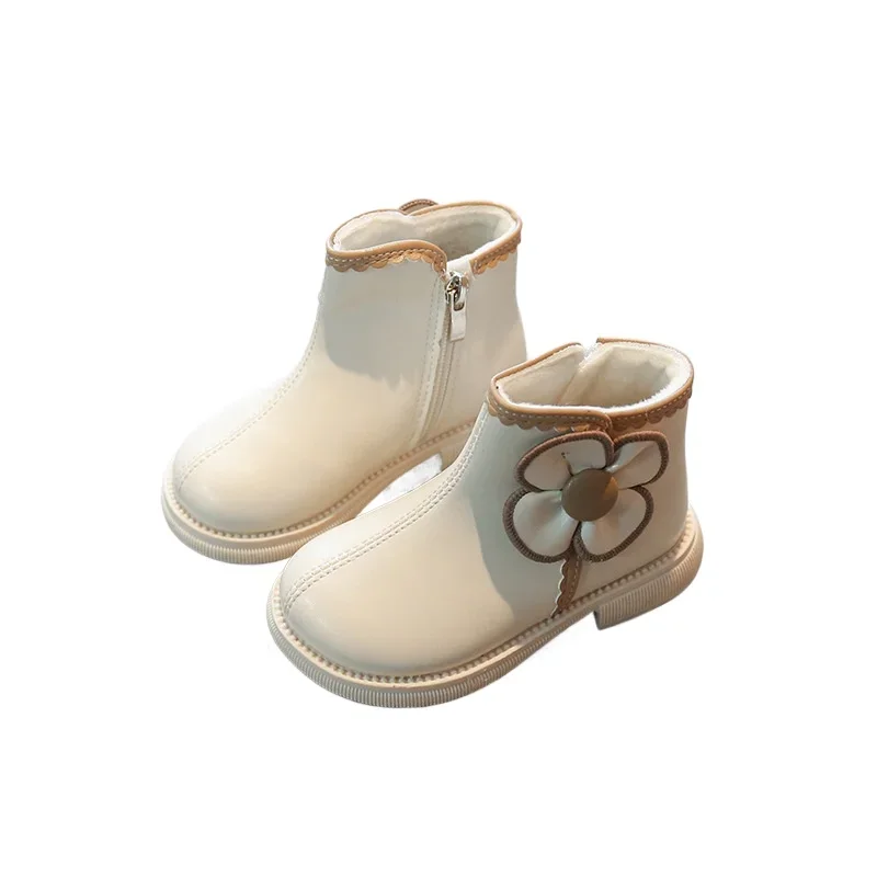 Winter Kids Boots Girls Leather Shoes Thicken Warm Flower Infant Children Girls Snow Boots No-slip