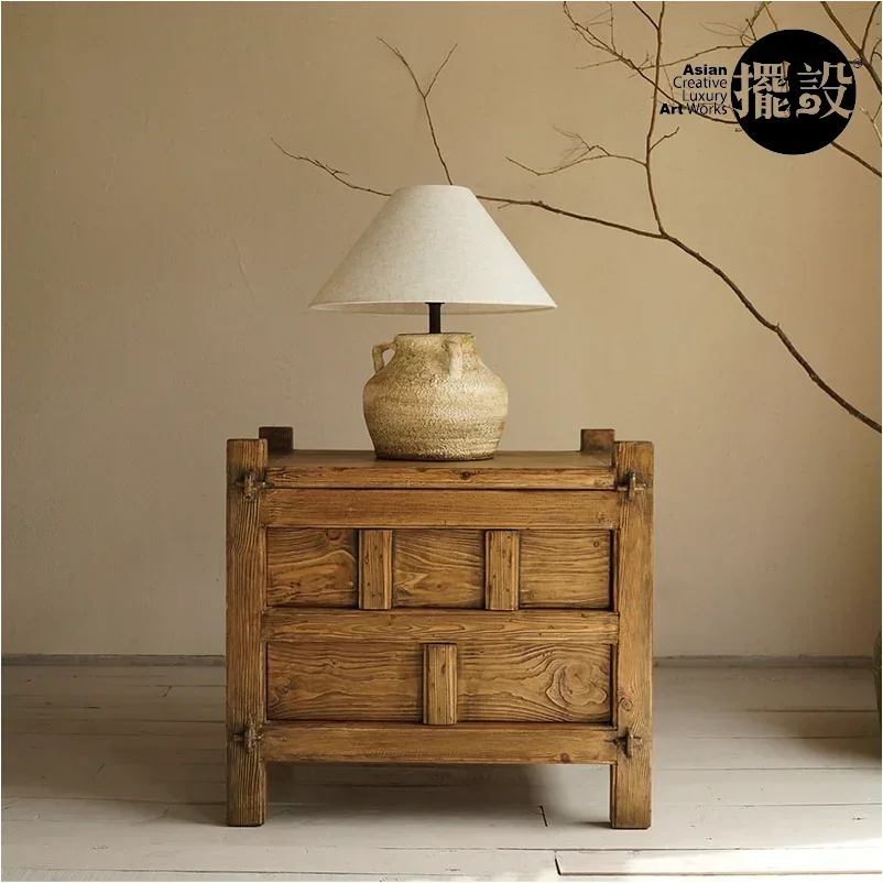 Qiji Style Log Retro Bedside شقة صغيرة تخزين خزانة جانبية #1