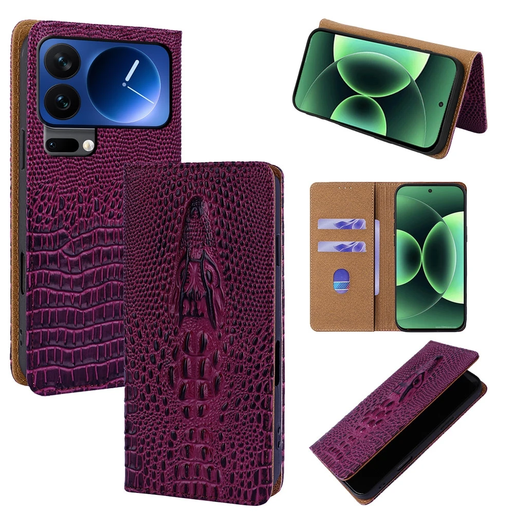 Crocodile Head Genuine Flip Leather Phone Case For Xiaomi 17T Pro 15T 14 T 13T 12T 11T Pro 11 Lite 17 Ultra Phone Wallet Cover