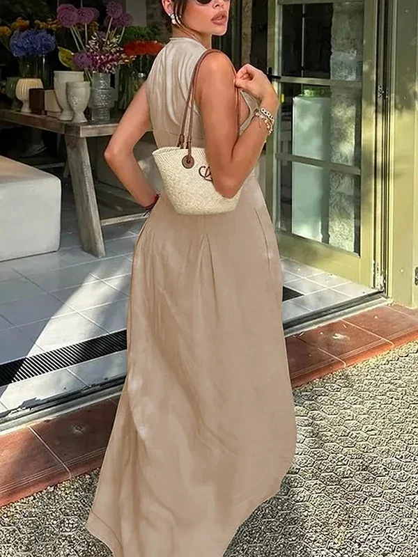 UOOZEE Bürodamen Pendler-Plissee-A-Linien-Kleid 2026 Neue Sommermode Einfarbig Ärmellos Reißverschluss Abend-Maxikleider – Detail 8
