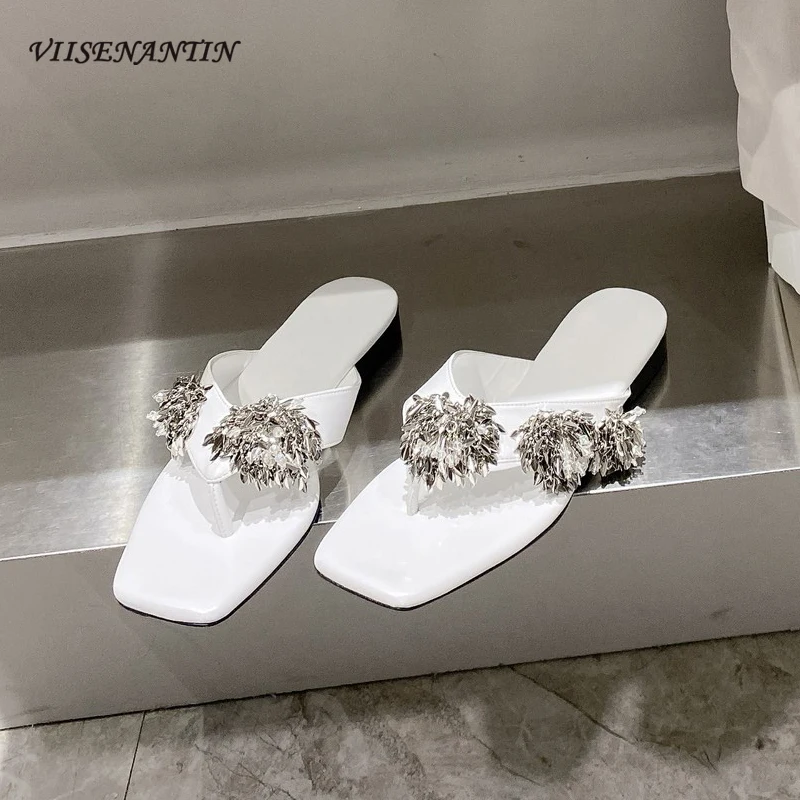 

Fashion New Women Slippers Outside Crystal String Bead Women Flats Square Toe Genuine Leather Casual Beach Slides Women Sandals