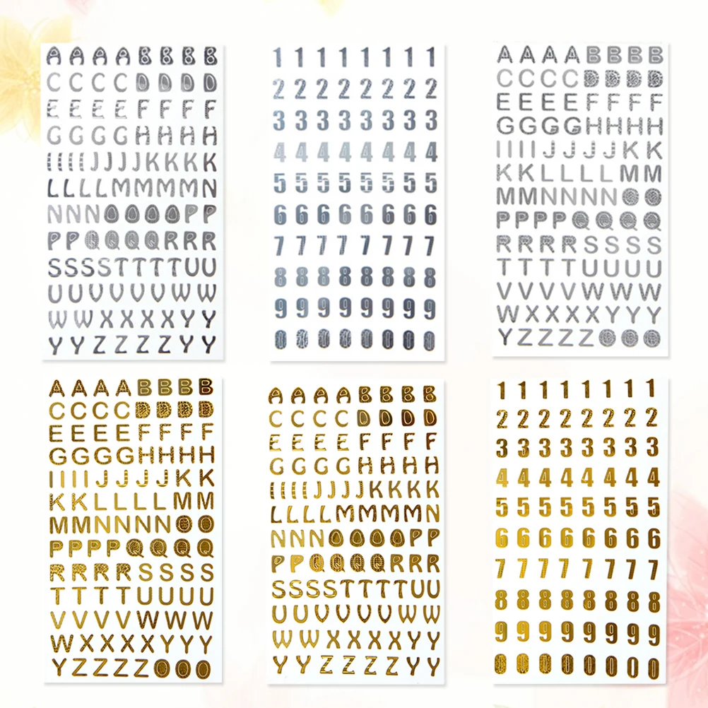 

6 Sheets Hot Stamping English Letters Numbers Stickers Notebook Decorative Adhesive Decals Scrapbook Crafting Laptop Luggage