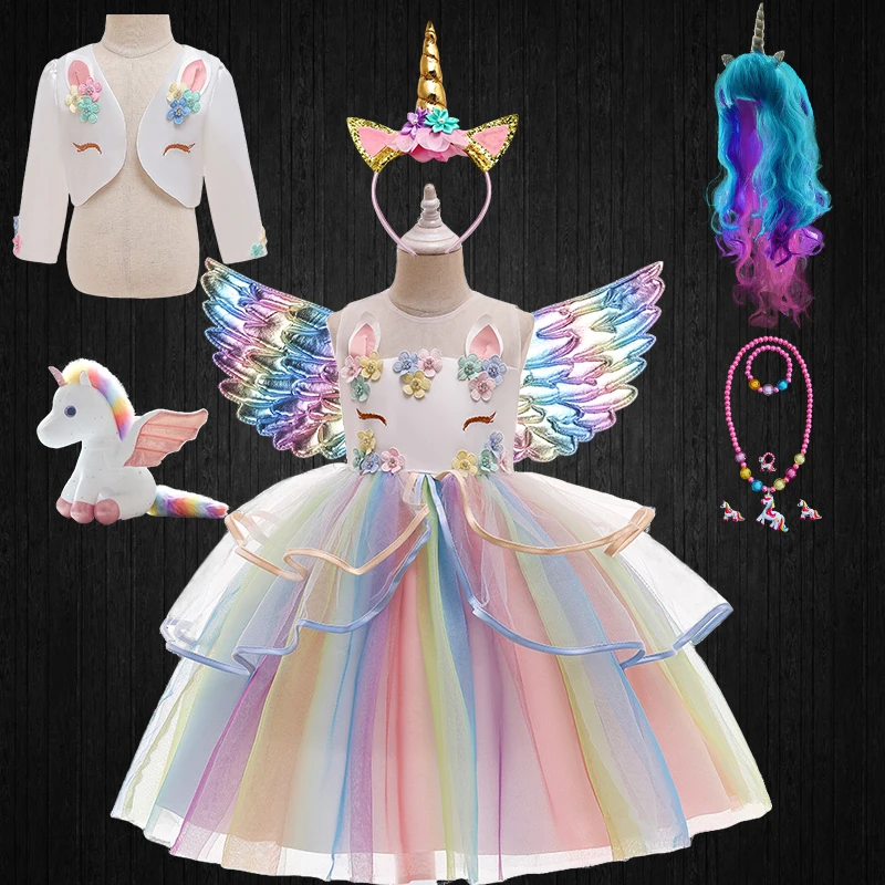 Robe de princesse licorne en Tulle arc-en-ciel pour filles, vêtement de cheval mi-long, à volants, motif floral, décontracté, fête d'anniversaire