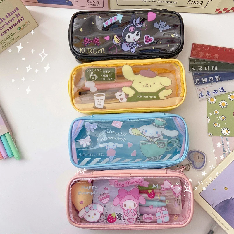 Sanrio Melody Cinnamoroll Kuromi Pencil Bag Translucent Frosting Cosmetic Bag Cartoon Storage Stationery Bag Children Girl Gifts