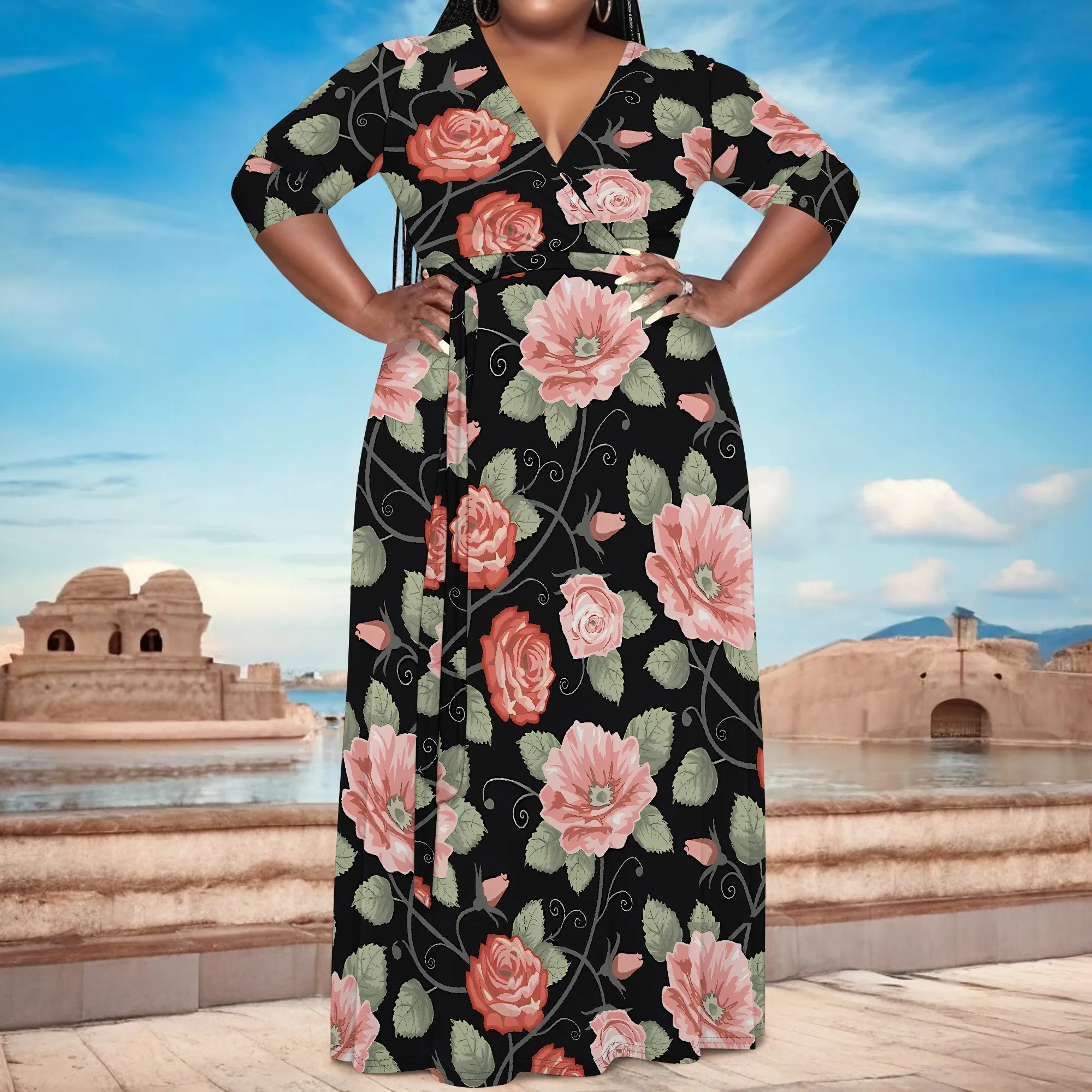 

Plus Size Elegant V Neck Rose Print Maxi Dress for Women Floral Half Sleeve Black Long Dress