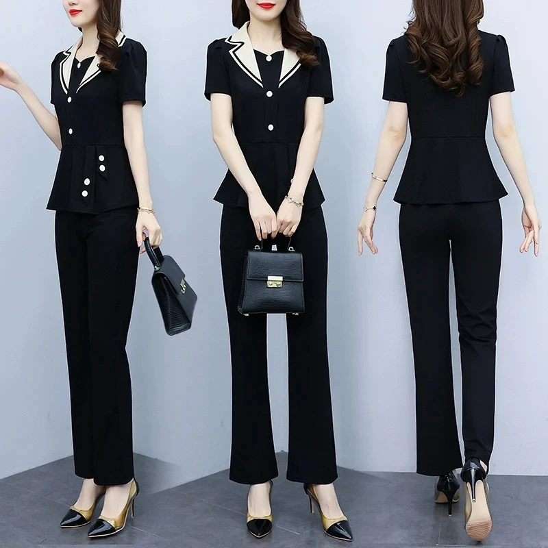 Women Elegant Stylish Suits Office Wear 2 Piece Set Ladies Spliced Top + Elastic Waist Pant Suits Large Size Female Outfit M-5XL