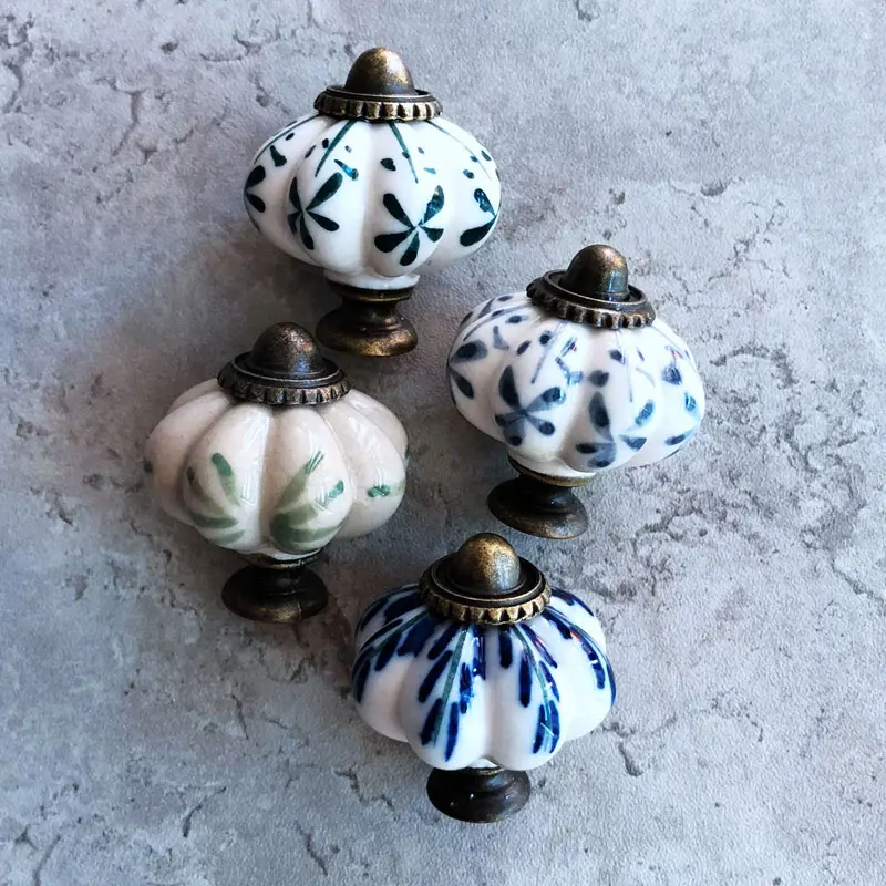 Hand-Drawn Pattern Ceramic Drawer Knobs Retro Single Hole Cupboard Door Pulls Pumpkin Shaped Antique Cabinet Handles
