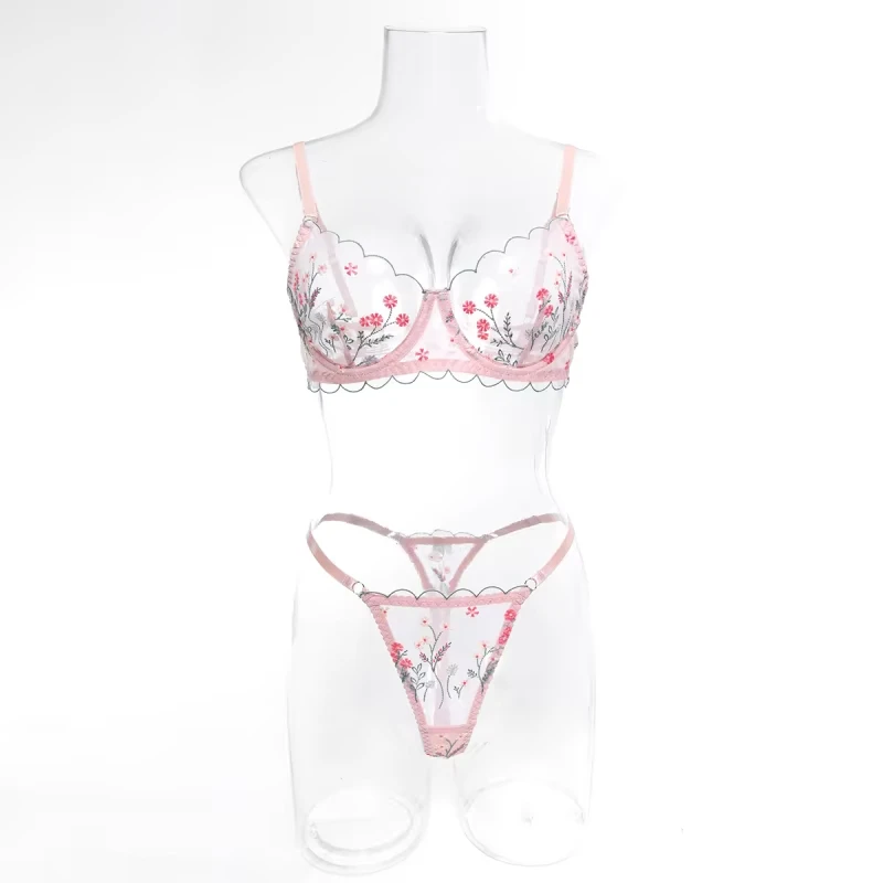 Bikini lingerie set with high-quality skin-friendly mesh, floral embroidery, underwire push-up bra, and pure desire swimsuit