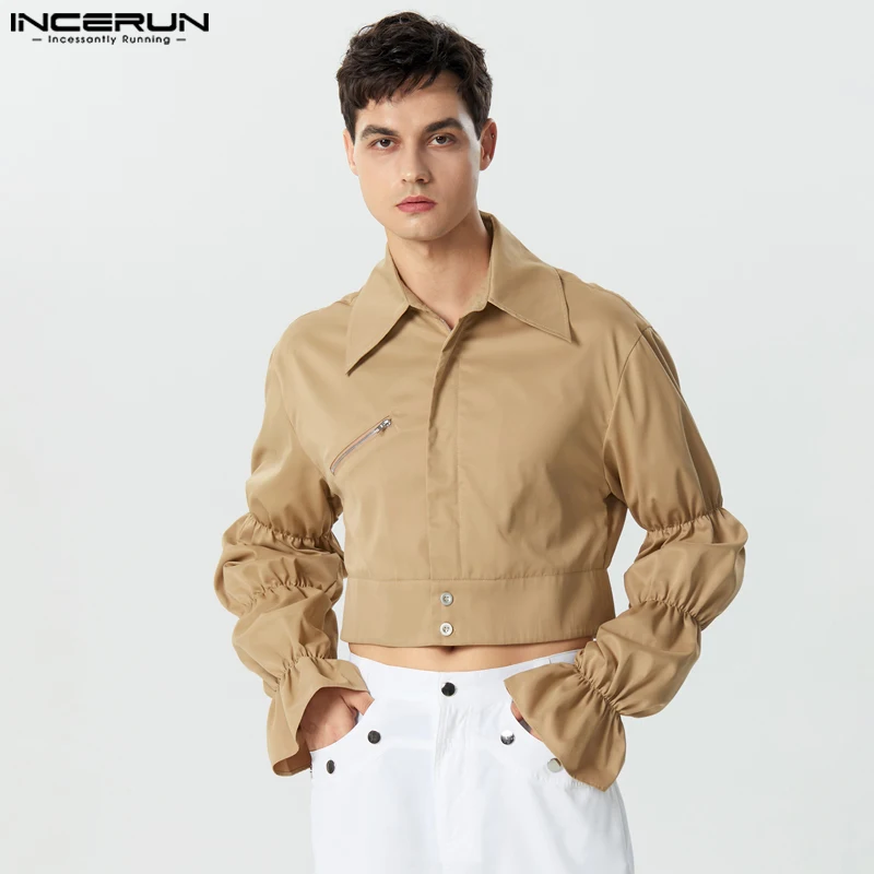 

INCERUN Tops 2024 American Style Men Solid Cropped Bubble Sleeve Shirts Casual Well Fitting Male Long Sleeved Lapel Blouse S-5XL