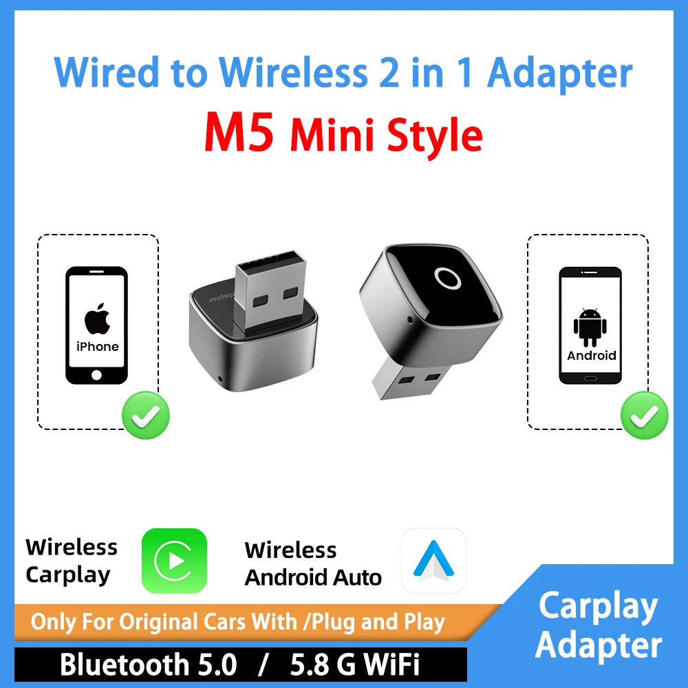 Para adaptador 2 en 1 con cable a inalámbricoM5 Mini estilo para estéreo de coche OEMcon Dongle USB Mini caja inteligente Plug and Play