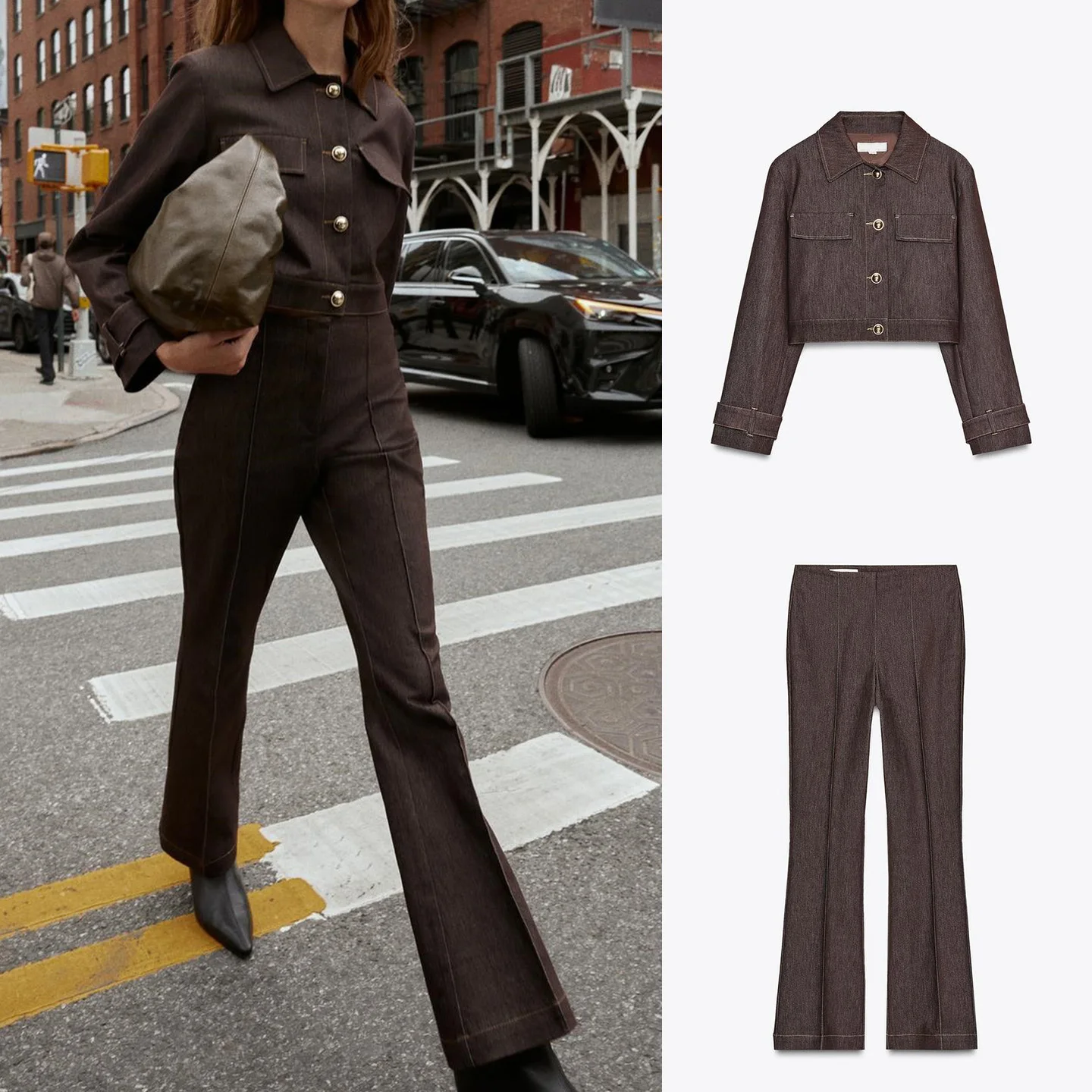 A-lijn uitlopende broek met hoge taille en contrasterende kleur gestikt ort Jaet Faion-set voor dames Casual Sle Long Sve-jas