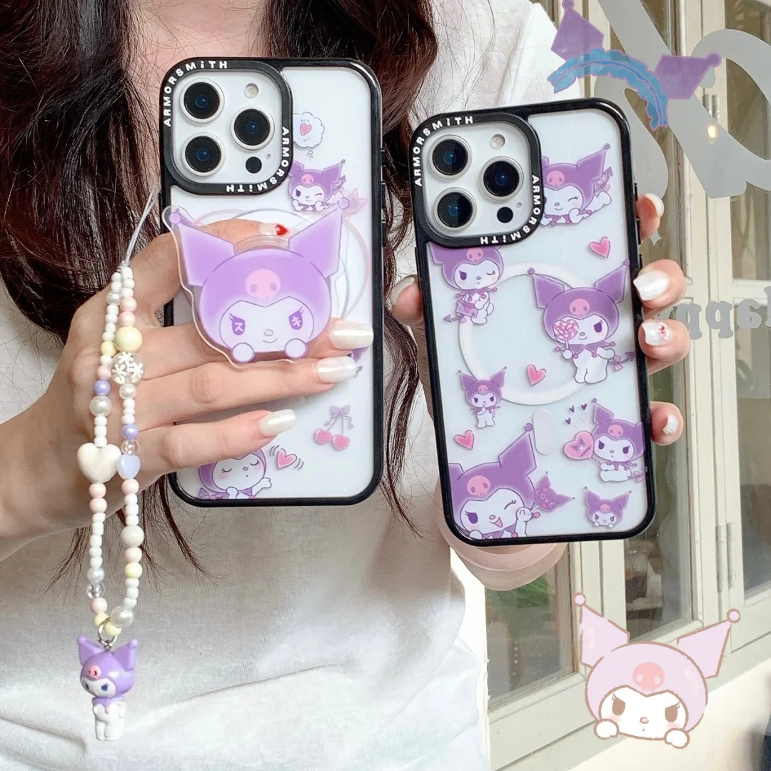 

Cute Cartoon Kuromi Holder Magnetic Wireless Charging For Magsafe Phone Case For iPhone 17 16 15 12 13 14 Pro Max 11 Clear Cover