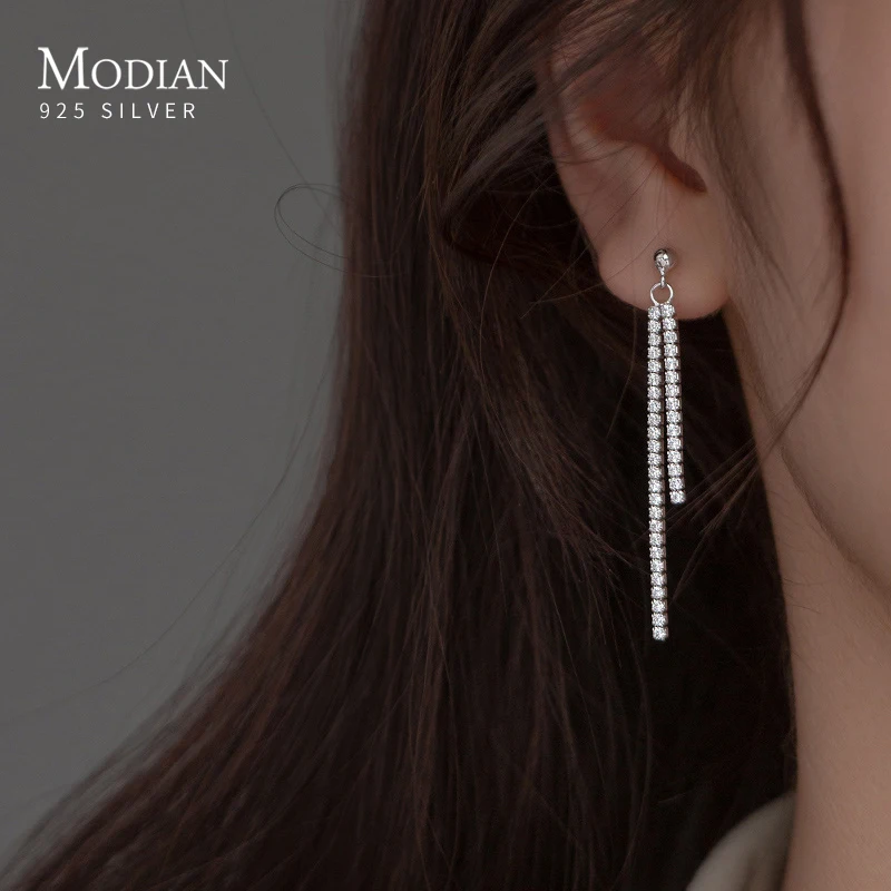 

Modian 925 Sterling Silver Sparkling Drop Earrings For Women Party Wedding Silver Tassel Dangle Earrings Fine Jewelry Gift