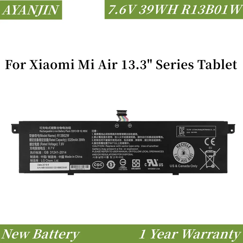 

New 7.6V 39WH 5230mAh R13B01W R13B02W Laptop Battery For Xiaomi Mi Air 13.3" Series Tablet PC