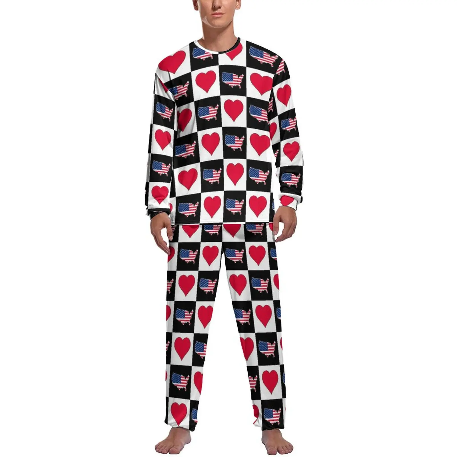 American Flag Map Pajamas Long-Sleeve Hearts Checkered 2 Pieces Sleep Pajama Sets Spring Male Custom Cute Nightwear