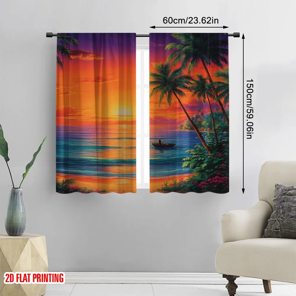 2pcs 2D flat printing Curtain Tropical Sunset Beach Ocean Kayak Digital Printed Polyester Drapes All Season Party & Holiday