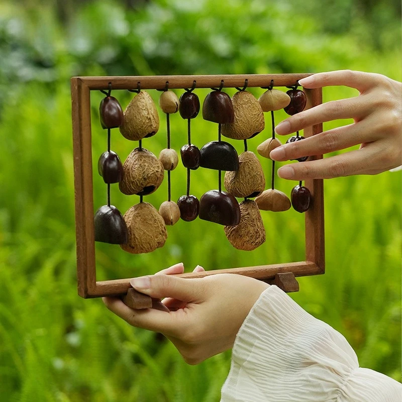 Wooden Fruit Shell Wind Chime Nut Shell Sound Bundle Hand Bell with Bracket Sound Healing Meditation Ornaments Wind Chimes