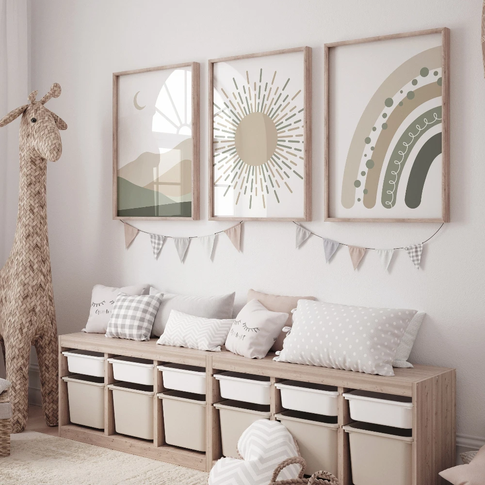 Impresión de corazón de arcoíris para guardería, rubor, decoración de habitación para niña y niño, arte de pared, estampado bohemio para guardería, póster de tonos tierra verde salvia y sol, Luna y arcoíris