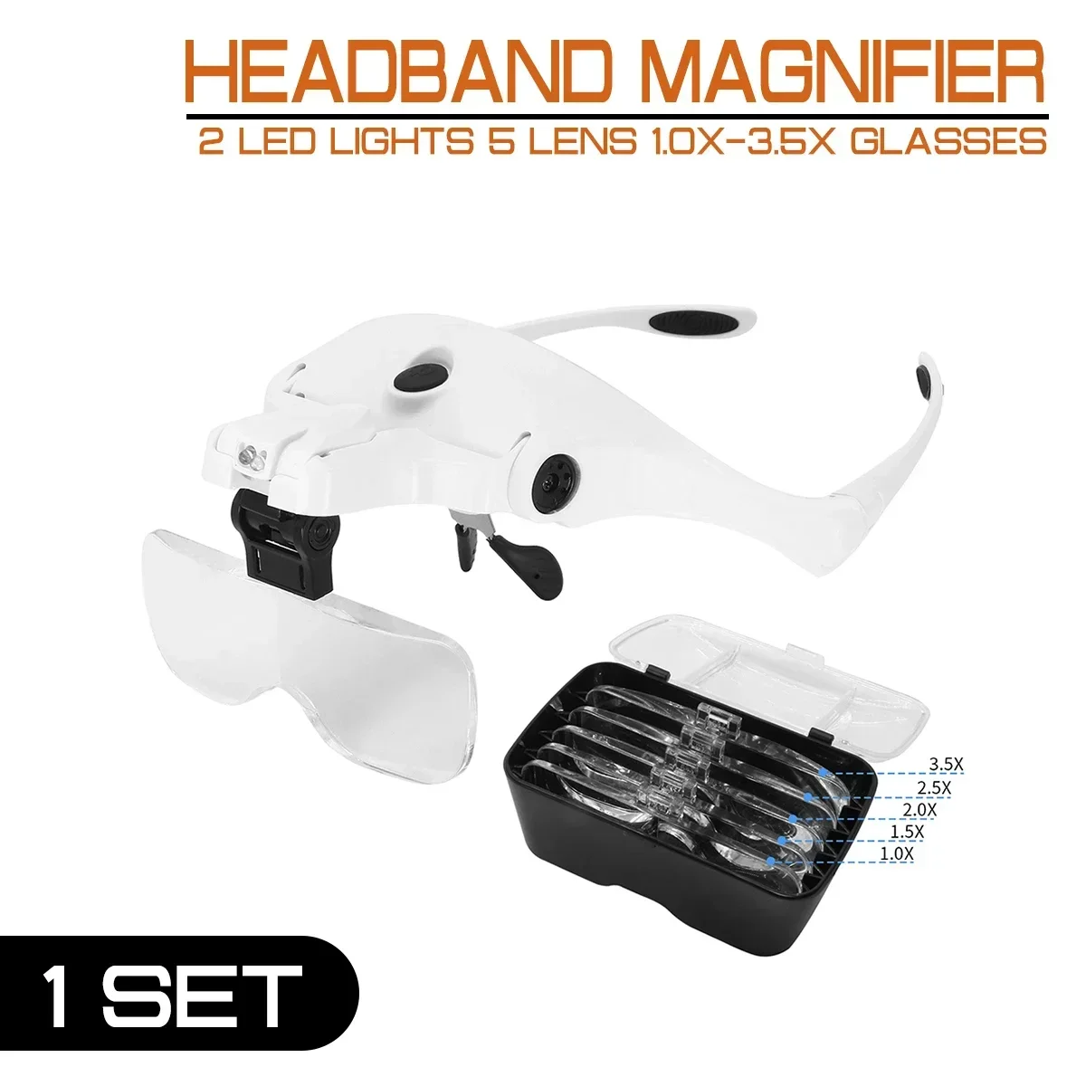 1.0X-3.5X Magnifier Adjustable Bracket Headband Loupe 2 LED Lights 5 Lens Glasses USB Charge Goggles Helping Hand Instrument