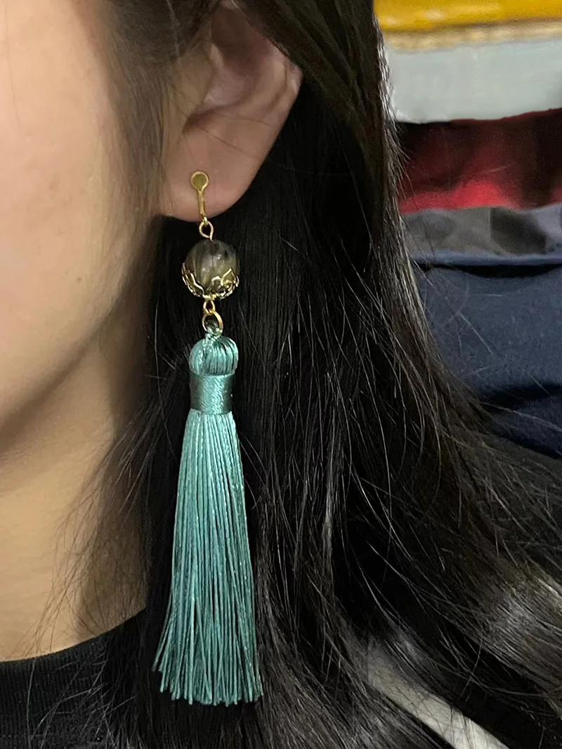 Wuthering Waves Jiyan Cosplay Earrings Ear Clips Windborne Rider Green Long Fringe Dangle Earrings Game Accessories Props