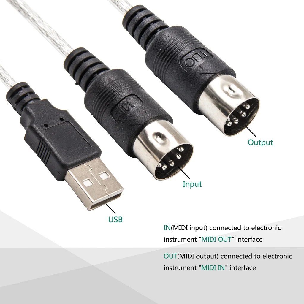 NEW USB MIDI Cable Adapter, USB Type A Male to MIDI Din 5 Pin In-Out Cable Interface with LED Indicator for Music Keyboard