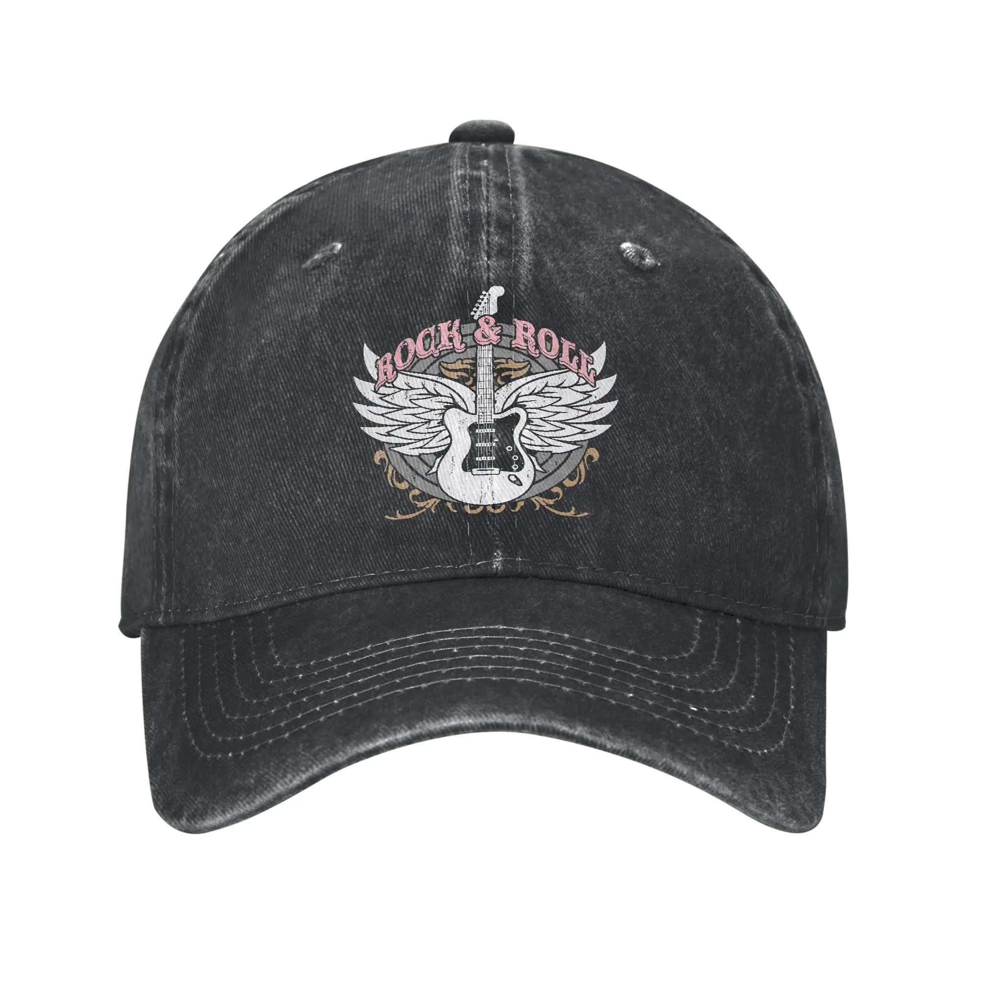 Vintage Guitar-Bass Rock and Roll Wings Baseball Cap Men Women Distressed Washed Snapback Floral Music Outdoor Adjustable Hats