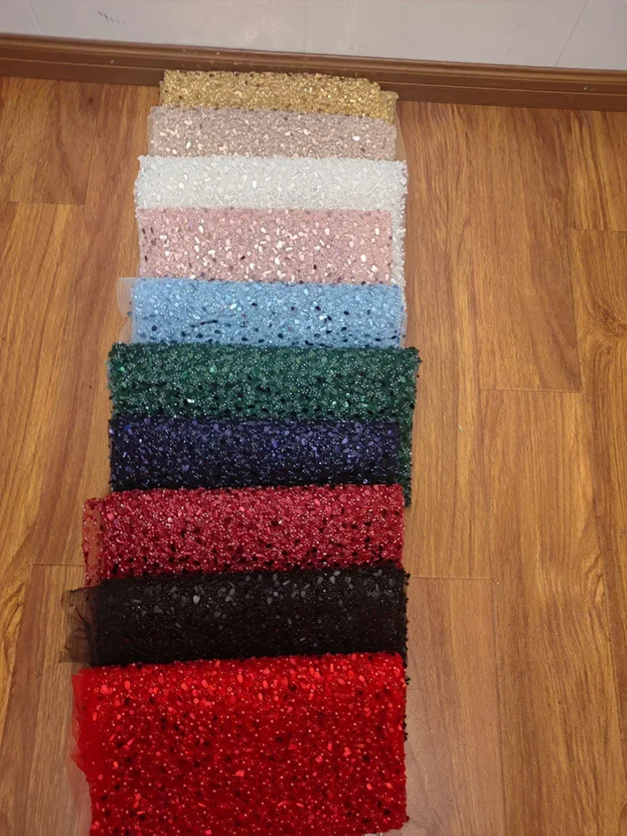 

3D Beaded Lace Fabric with Shiny Sequin, Bridal Wedding Dress, DIY Decorative Fabric, 10 Colors