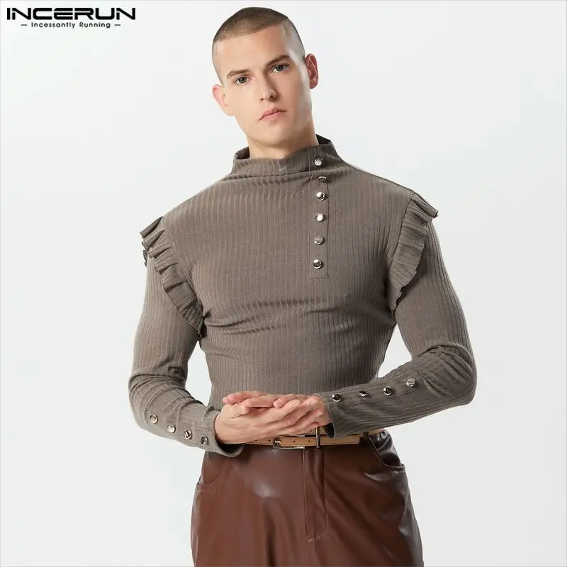 

2023 Men Pullovers Knitted Ruffle Turtleneck Long Sleeve Casual Sweaters Streetwear Fitness Solid Fashion Men Clothing INCERUN