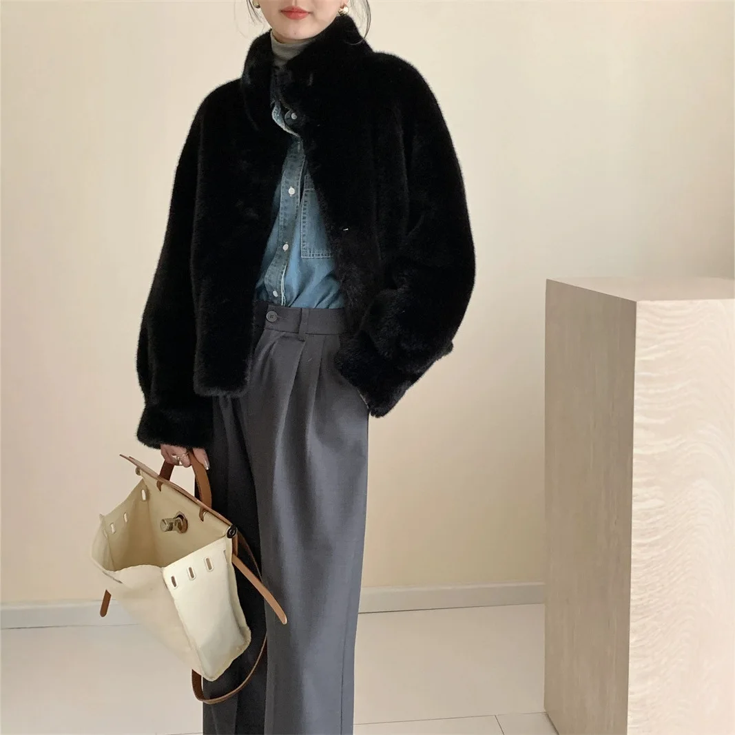 Mink Fur Solid Stand Collar Outerwear Faux Fur Women Single Breasted Cardigan Jackets Fur High Street Loose Fit Autumn 2025