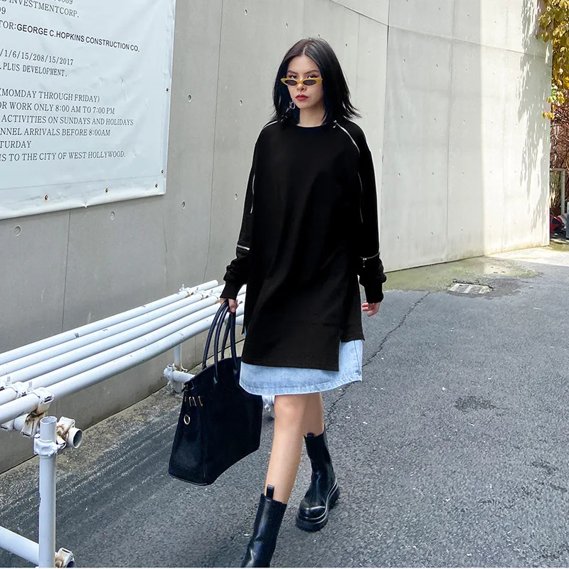 여성 캐주얼 빈티지 데님 패치워크 라운드넥 지퍼 스포츠웨어 루즈핏 스웨트셔츠 2025 가을 상의