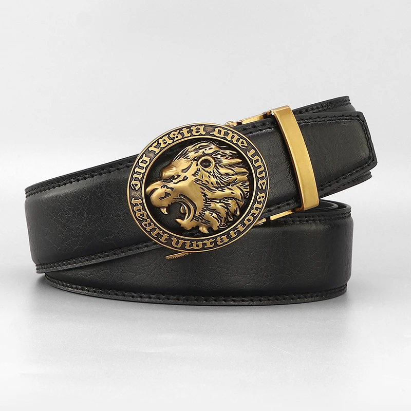 

High quality retro lion Automatic Buckle belts men designer luxury brand 3.5cm wide genuine leather gray jeans ceinture homme