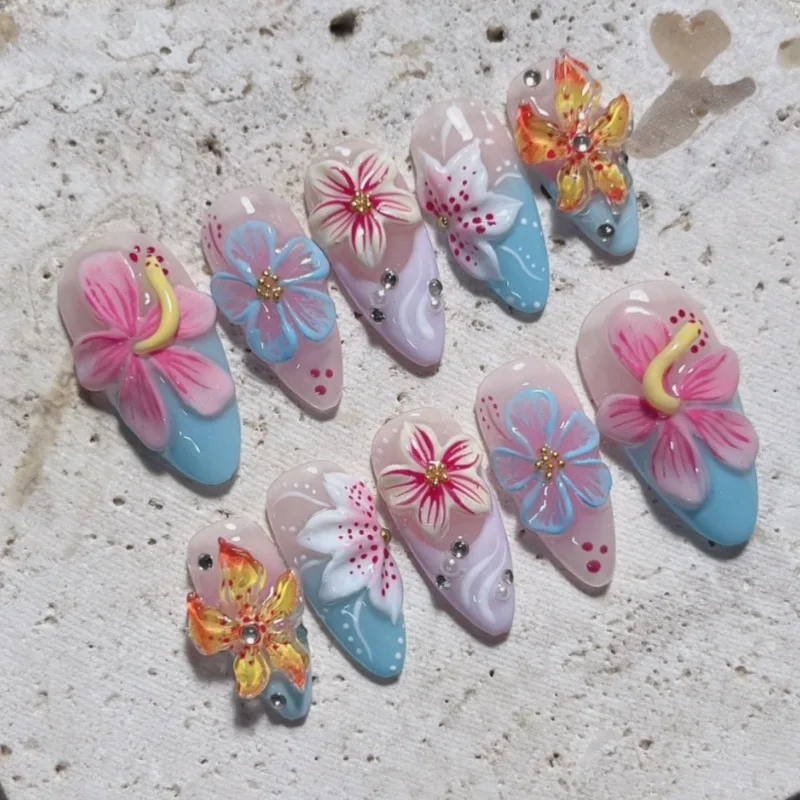

24PCS Almond Luxury French Fake Nails with 3D Tropical Gradient Floral Design Press on Nails Vibrant Summer Sweet Style Manicure