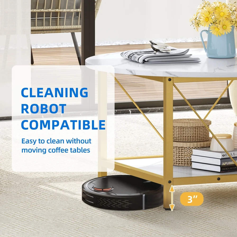 Round Coffee Table with Storage Rustic Design Sturdy Metal Legs Spacious Top Lightweight Easy Assembly Ideal Living Room Bedroom