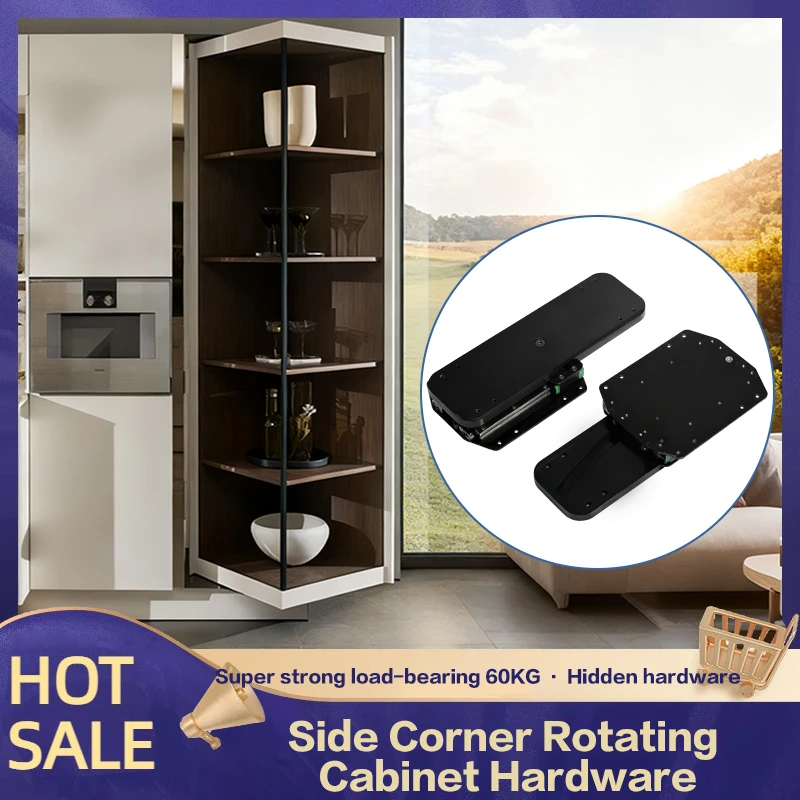 

Hidden 180-Degree Rotating Side Corner Cabinet For Storage And Display With Upper Lower Buffer Pivot Hardware Accessories