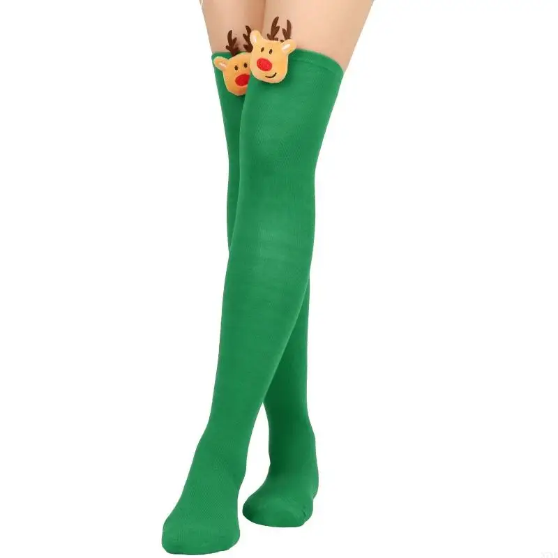 N7YF ผู้หญิงคริสต์มาส ตุ๊กตากวางต้นขาสูงถุงเท้าลายถุงน่องเพื่อประสิทธิภาพ