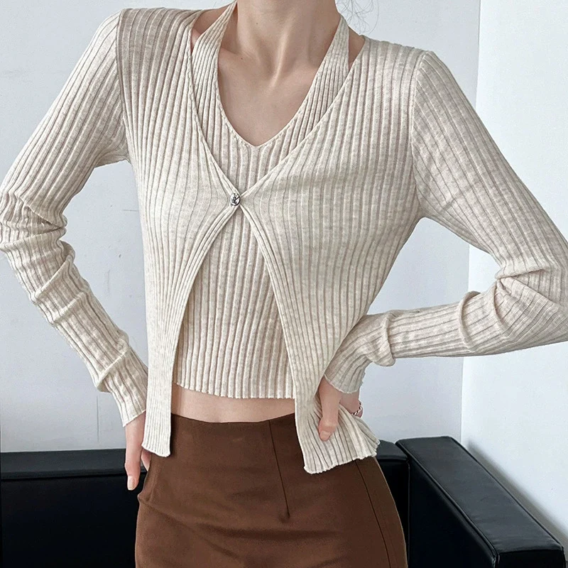 

Solid Colour Temperament Slim Fashion Spring Autumn Fake Two Pieces Pullover Knitted Long Sleeves Women's Knitted Tops