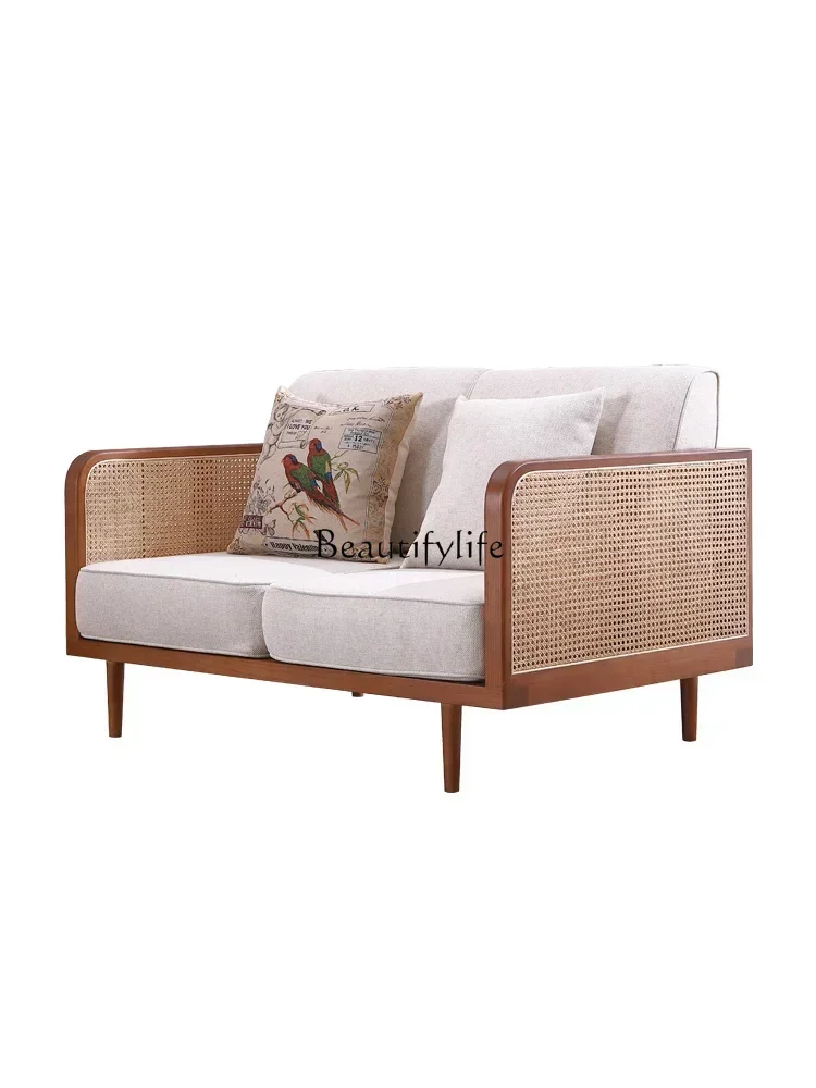 1LNordic solid wood rattan sofa living room small apartment single three-person bed and breakfast hotel furniture