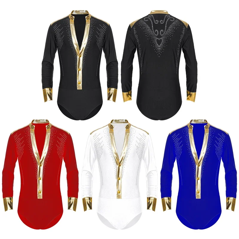 RT01 Mens Shiny Gold Trim Scollo a V Body da ballo latino Camicie Manica lunga Tuxedo Body Modern Jazz Chacha Rumba Sala da ballo C&Gf1