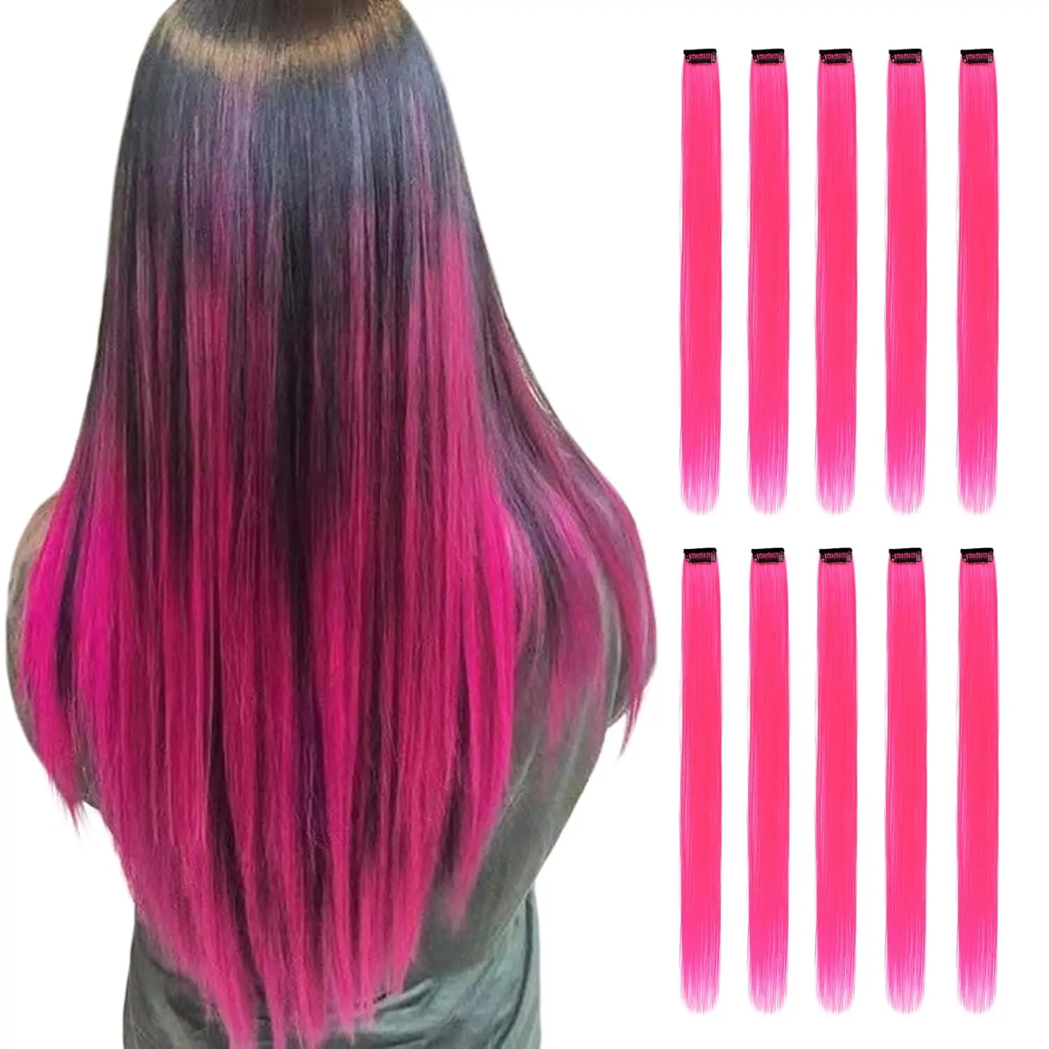 

10 PCS Long Straight Synthetic Black Hair Extensions Clip in 22 Inch Colored Party Highlights Hairpieces for Women Kids Girls