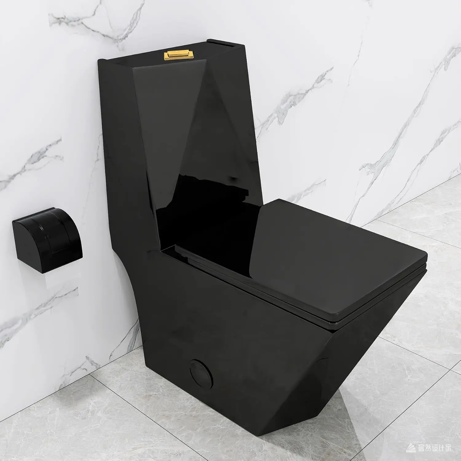 Square One Piece Toilet Black With Gold Button For Modern Bathroom,Diamond-shaped Sleek Design Elonagted Rectangle 17