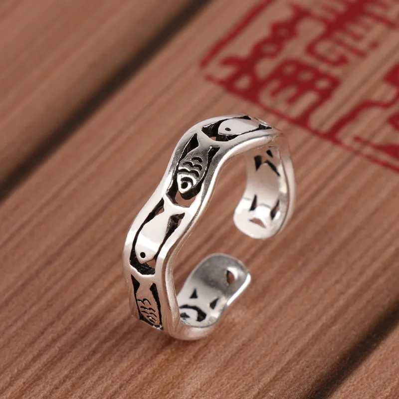 Buyee 925 Sterling Silver Ring Finger Cute Fish Simple Open Ring for Woman Man Fashion Animal Fine Jewelry Circle with Box