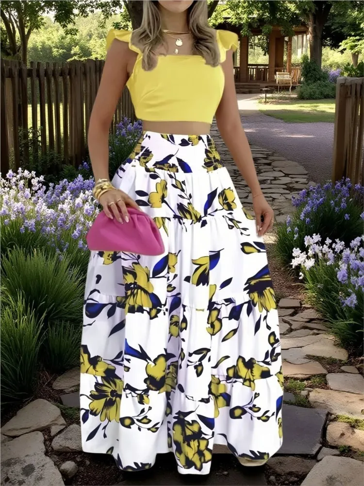 

Элегантная мода сращенная ​ ​ Женский костюм макси с половиной тела, летний сексуальный супер короткий топ + юбка с принтом, комплект из 2 предметов, женский