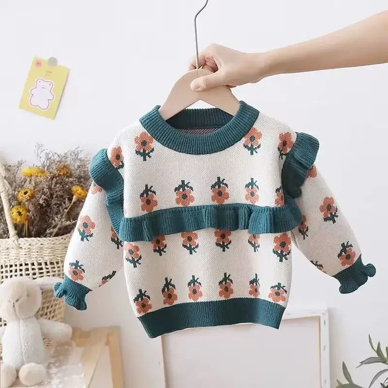 Autumn and Winter Girls Pullover Round Neck Patchwork Printing Folds Screw Thread Fashion Casual Elegant Long Sleeve Sweater