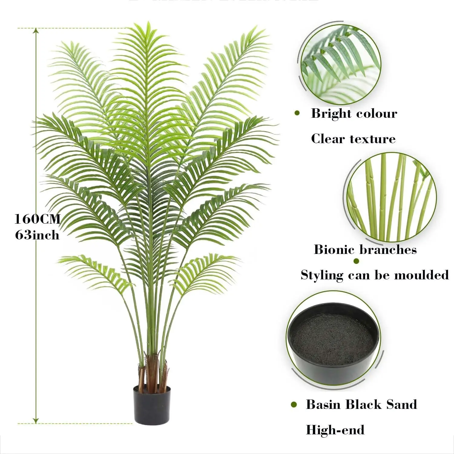 Artificial Areca Palm Tree 160CM/5FT Fake Tree Plant with Black Planter Modern Decoration Housewarming Gift