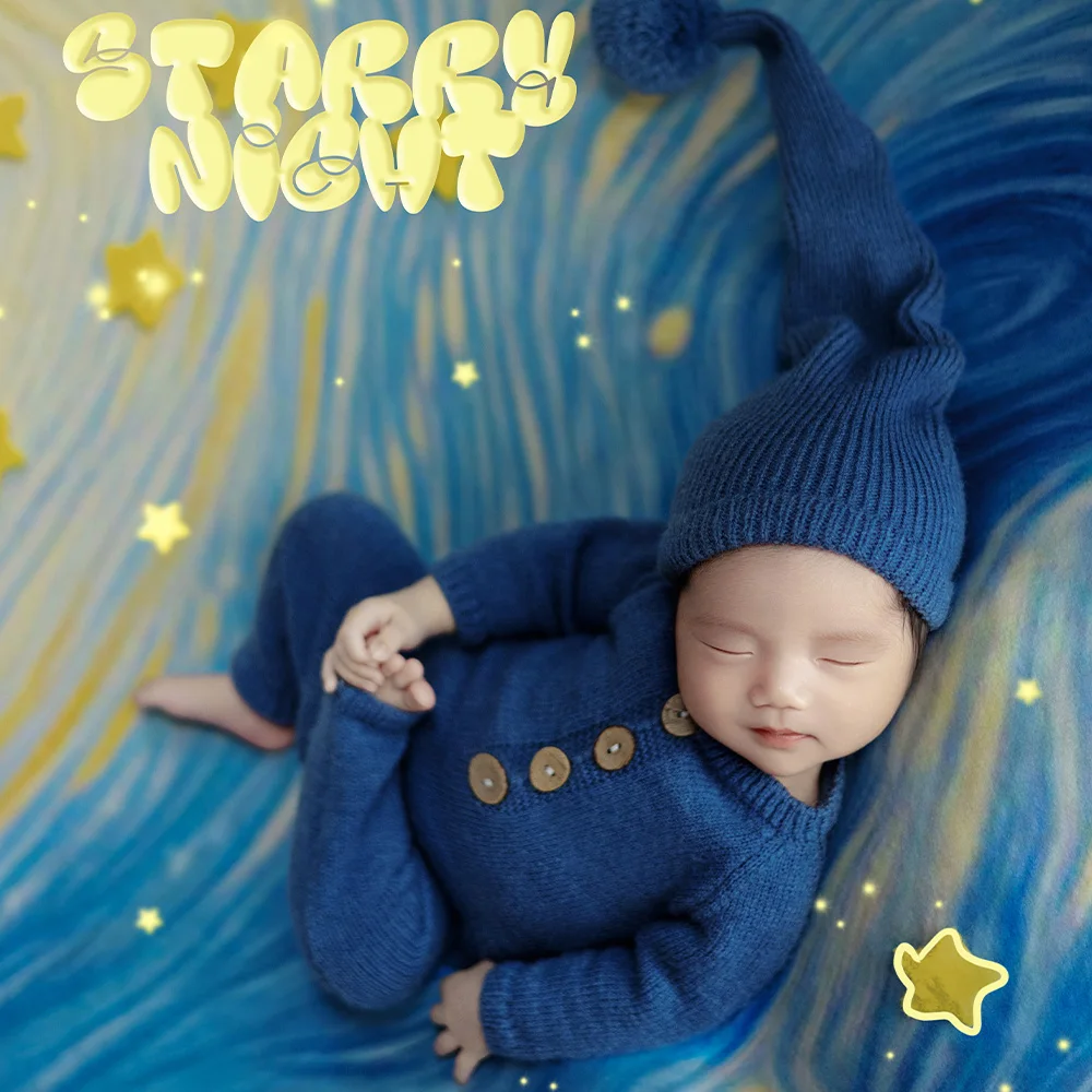 Berühmte Malerei Sternennacht Baby Fotoshooting Hintergrund Baby Kostüm Gestrickter Langarm Overall + Langschwanz Hut Fotografie Set