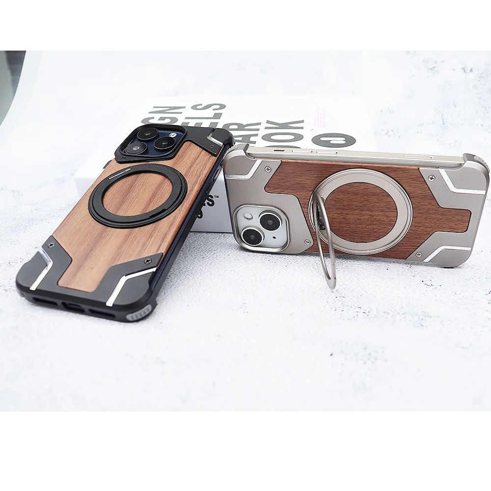 Luxury Magnetic Rimless Frosted Metal Phone Case For iPhone 14 13 15 Pro Max Plus Aluminum Shell Peach wood Back Cover