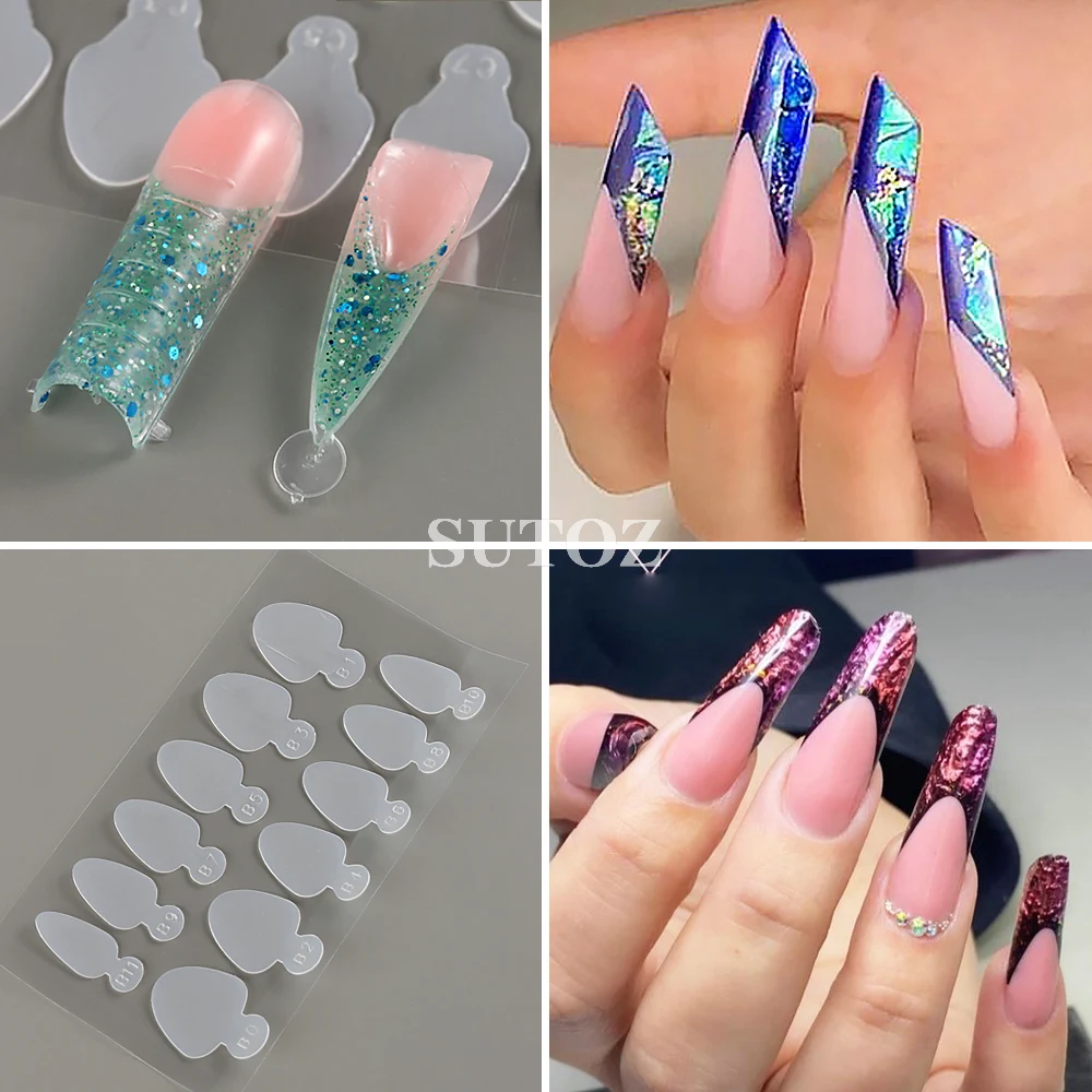 12Pcs French Forma Dual Sticker Reusable Acrylic Soft Silicone Sticker False Nail Tips Extension Mold Manicure Special Tool NLYC