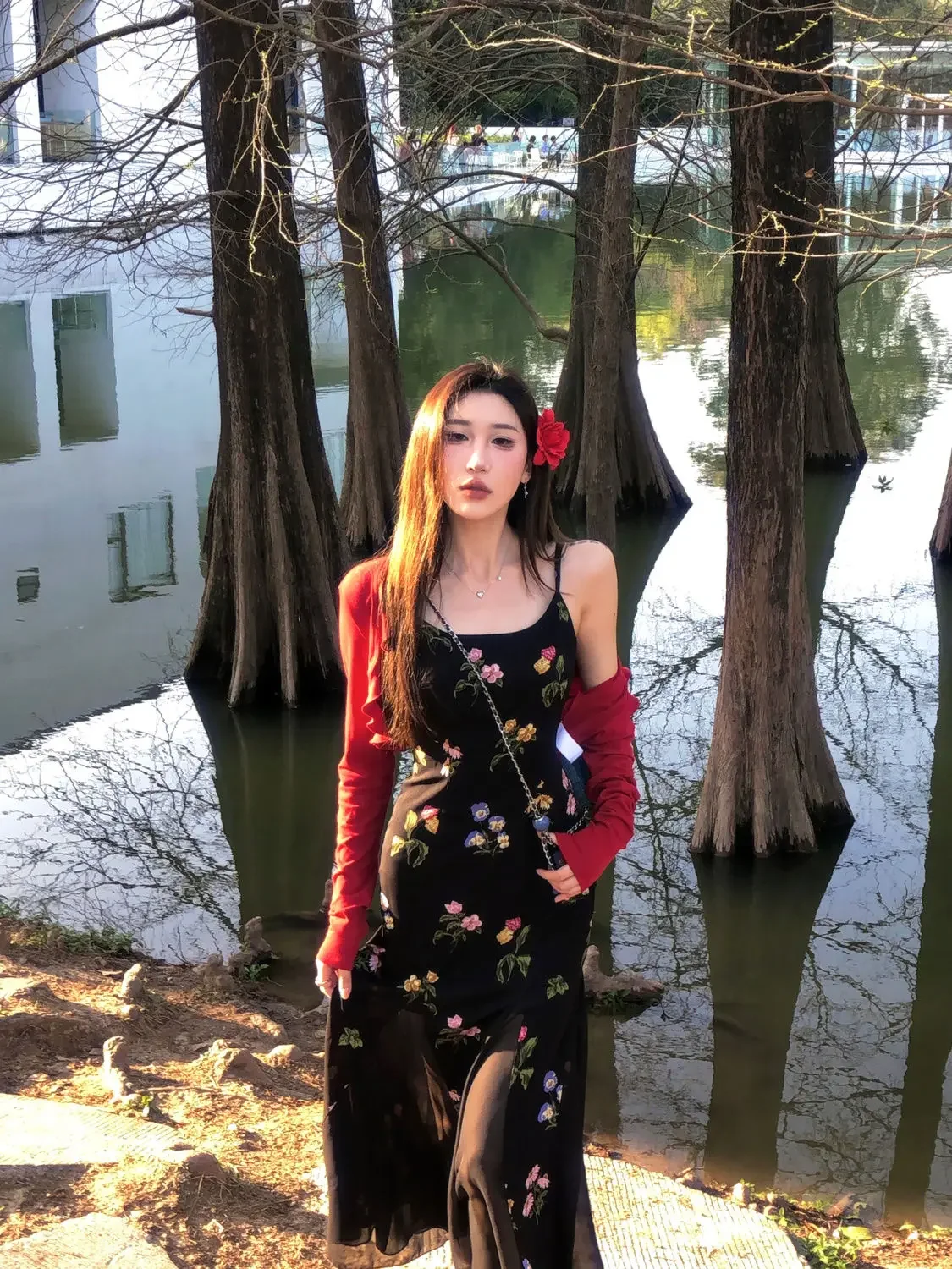 Zomer elegante bloemenpakjurk casual rood kort vest + sexy mouwloze midi-jurk zonnejurk feest Japanse modeset